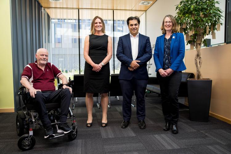 Dr Jane Haley (right), Director of Research MND Scotland, with Mr Stevie Williams (left), who is living with MND, plus Judy Newton, MND Nurse Lead for Scotland, and Prof Suvankar Pal, co-lead of MND-SMART)